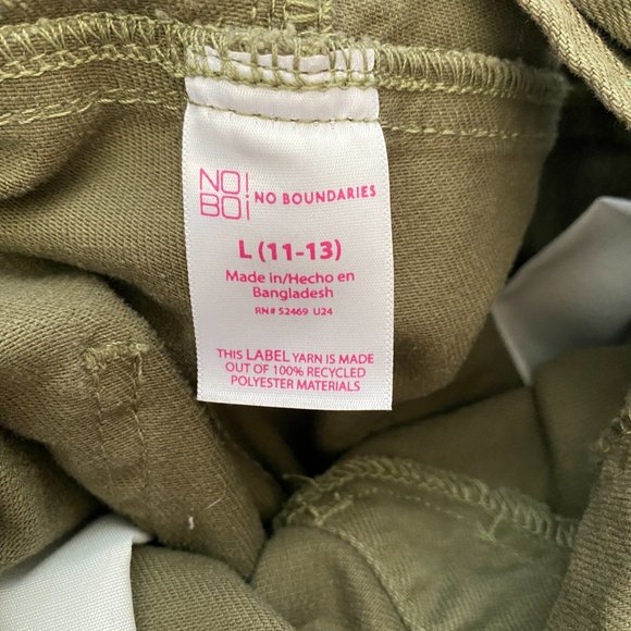 No Boundaries olive green denim shorts overalls women's size L 11-13 five pocket - Picture 8 of 9